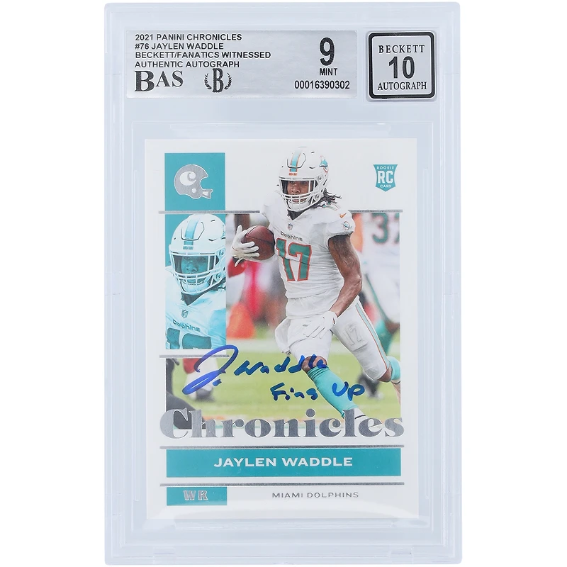 Jaylen Waddle Miami Dolphins Autographed 2021 Panini Chronicles #76 Beckett Fanatics Witnessed Authenticated 9/10 Rookie Card with "Fins Up" Inscription