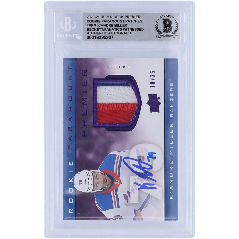 K'Andre Miller New York Rangers Autographed 2020-21 Upper Deck Premier Rookie Paramount Patches Relic #P-KM #10/35 Beckett Fanatics Witnessed Authenticated 10 Rookie Card