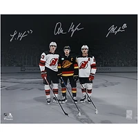 Luke Hughes, Quinn Hughes, & Jack Hughes Autographed 16" x 20" Devils vs. Canucks Pregame Photograph