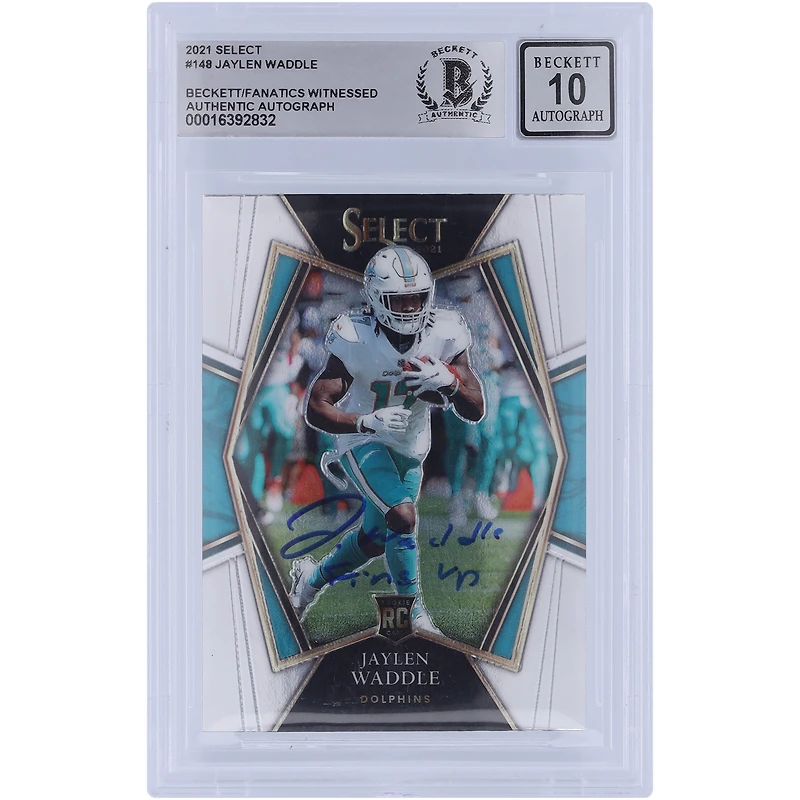 Jaylen Waddle Miami Dolphins Autographed 2021 Panini Select Premier Level #148 Beckett Fanatics Witnessed Authenticated 10 Rookie Card with "Fins Up" Inscription