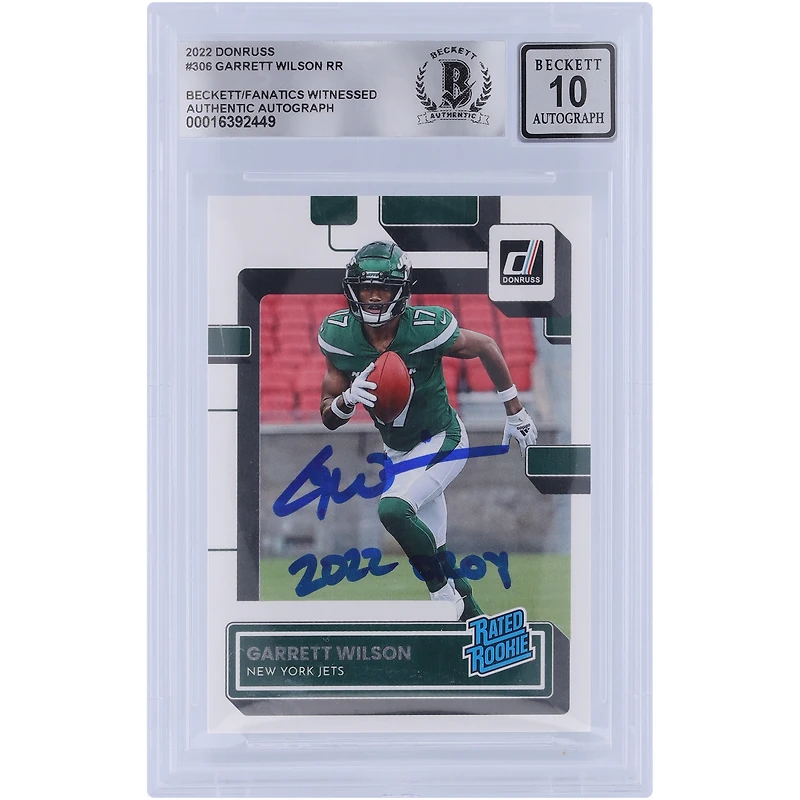 Garrett Wilson New York Jets Autographed 2022 Panini Donruss Rated Rookie #306 Beckett Fanatics Witnessed Authenticated 10 Rookie Card with "2022 OROY" Inscription