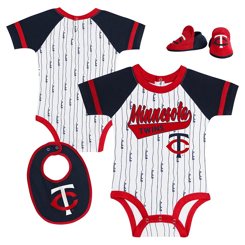 Newborn & Infant White Minnesota Twins Base Hitter Bodysuit, Bib & Bootie Set