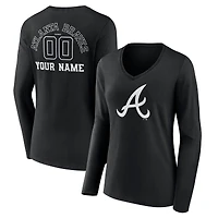 Women's Black Atlanta Braves Monochrome Personalized Name & Number Long Sleeve V-Neck T-Shirt