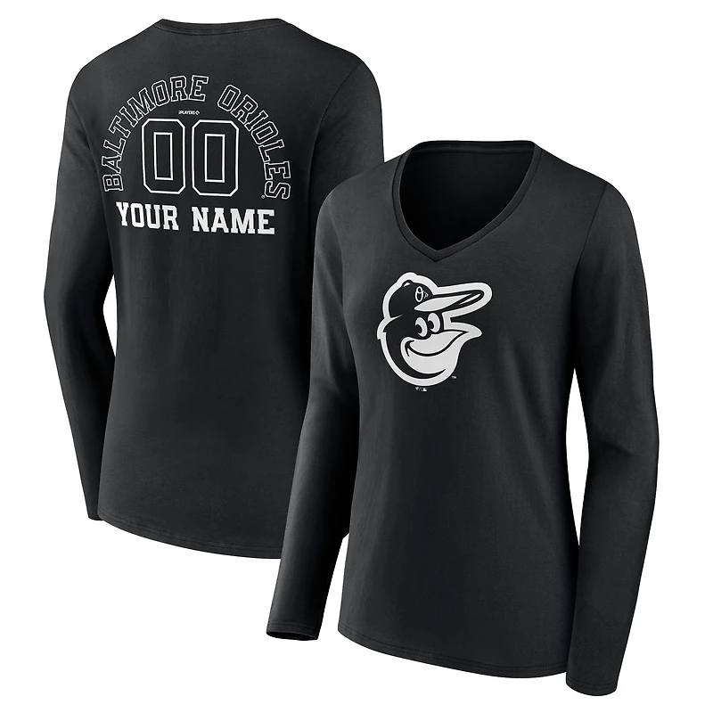 Women's Black Baltimore Orioles Monochrome Personalized Name & Number Long Sleeve V-Neck T-Shirt
