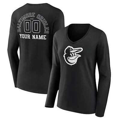 Women's Black Baltimore Orioles Monochrome Personalized Name & Number Long Sleeve V-Neck T-Shirt