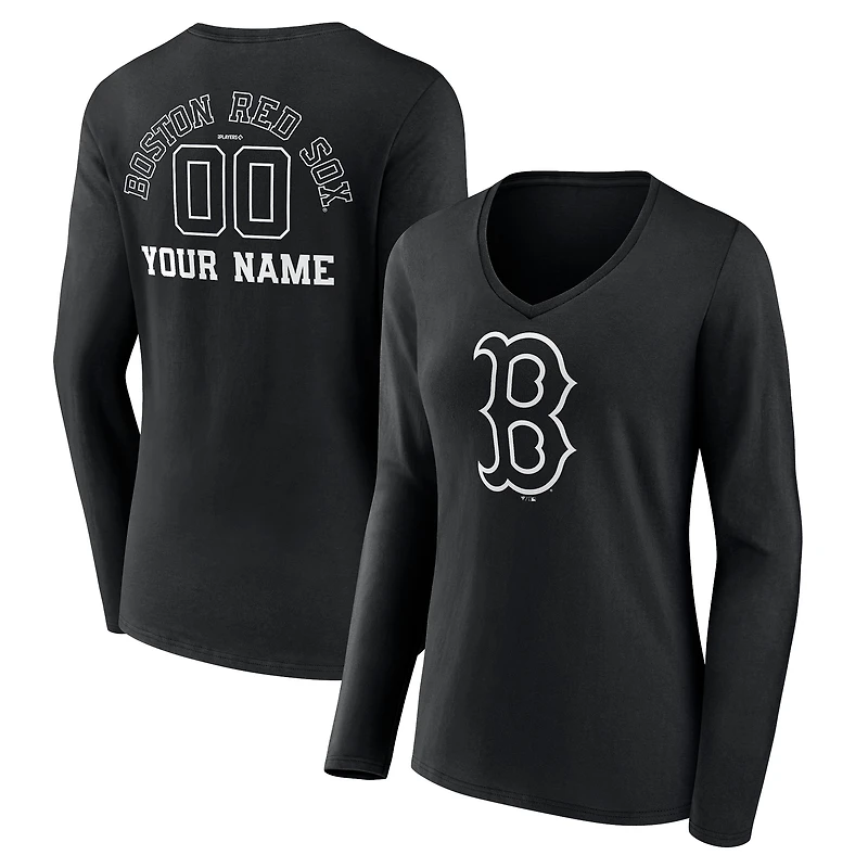Women's Black Boston Red Sox Monochrome Personalized Name & Number Long Sleeve V-Neck T-Shirt
