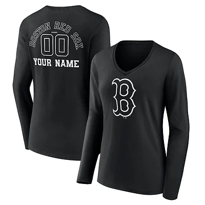 Women's Black Boston Red Sox Monochrome Personalized Name & Number Long Sleeve V-Neck T-Shirt