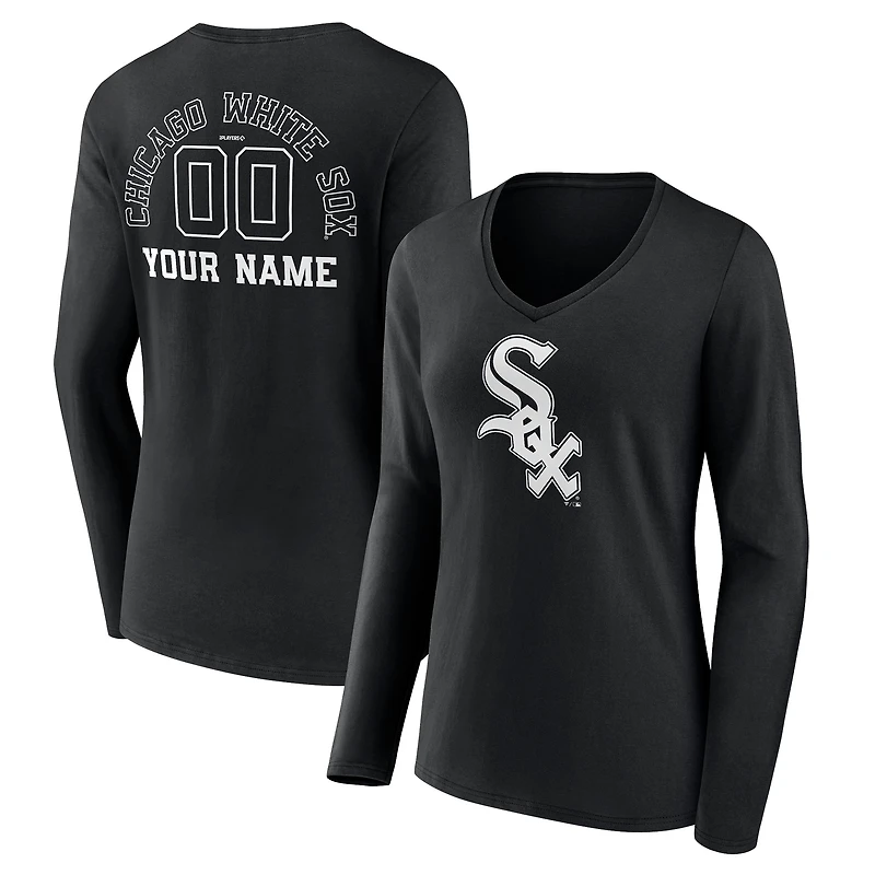 Women's Black Chicago White Sox Monochrome Personalized Name & Number Long Sleeve V-Neck T-Shirt
