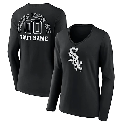 Women's Black Chicago White Sox Monochrome Personalized Name & Number Long Sleeve V-Neck T-Shirt