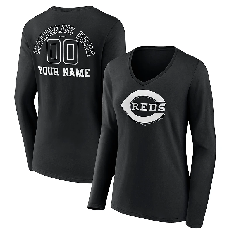 Women's Black Cincinnati Reds Monochrome Personalized Name & Number Long Sleeve V-Neck T-Shirt