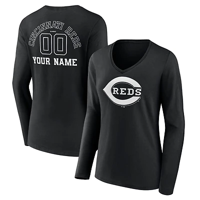 Women's Black Cincinnati Reds Monochrome Personalized Name & Number Long Sleeve V-Neck T-Shirt