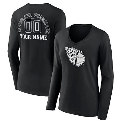 Women's Black Cleveland Guardians Monochrome Personalized Name & Number Long Sleeve V-Neck T-Shirt