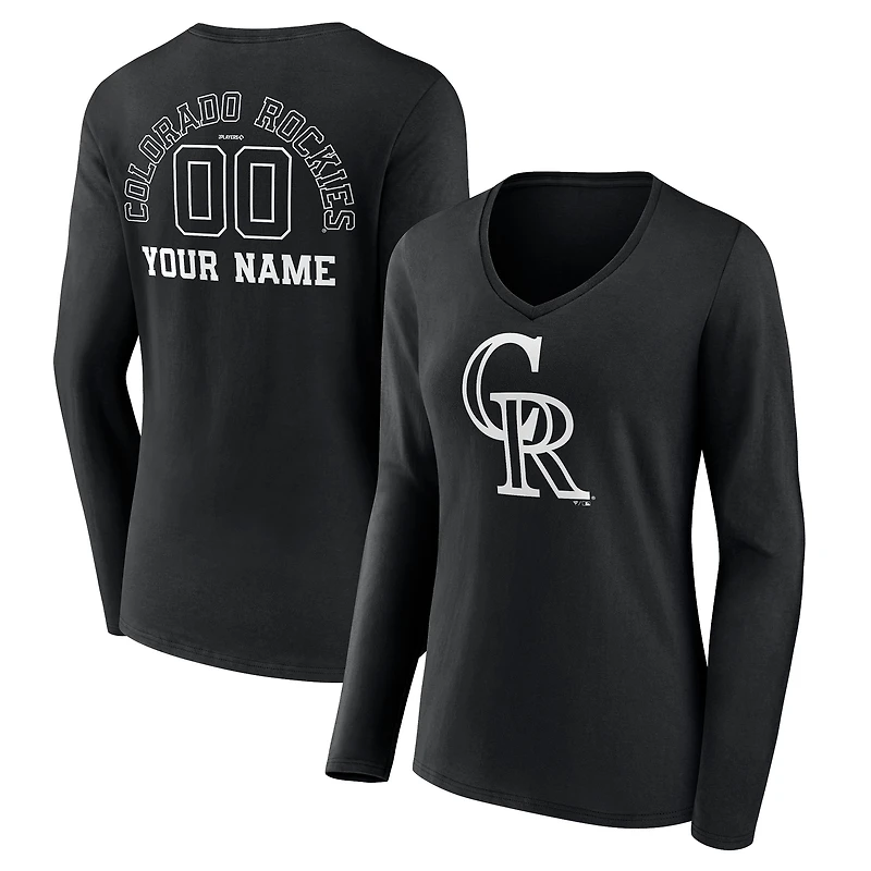 Women's Black Colorado Rockies Monochrome Personalized Name & Number Long Sleeve V-Neck T-Shirt