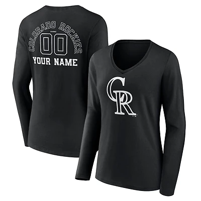 Women's Black Colorado Rockies Monochrome Personalized Name & Number Long Sleeve V-Neck T-Shirt