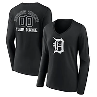 Women's Black Detroit Tigers Monochrome Personalized Name & Number Long Sleeve V-Neck T-Shirt