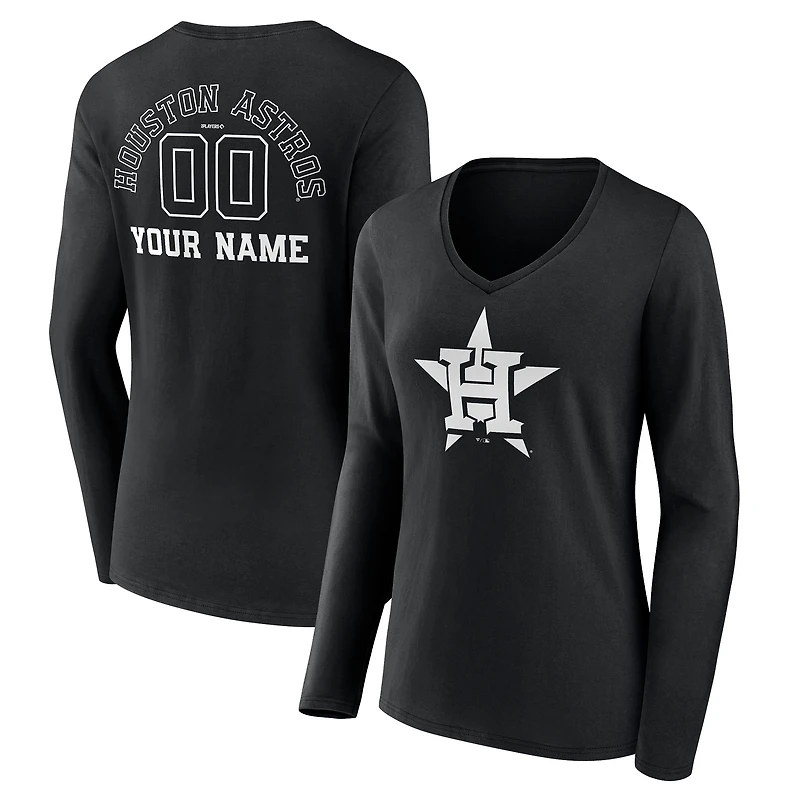 Women's Black Houston Astros Monochrome Personalized Name & Number Long Sleeve V-Neck T-Shirt