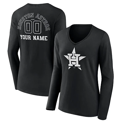 Women's Black Houston Astros Monochrome Personalized Name & Number Long Sleeve V-Neck T-Shirt