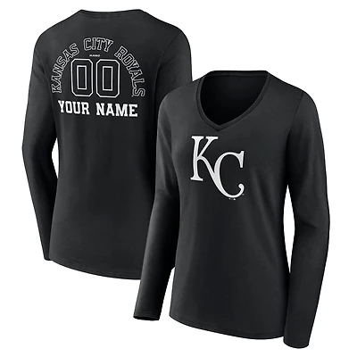 Women's Black Kansas City Royals Monochrome Personalized Name & Number Long Sleeve V-Neck T-Shirt