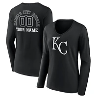 Women's Black Kansas City Royals Monochrome Personalized Name & Number Long Sleeve V-Neck T-Shirt