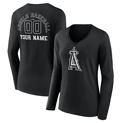 Women's Black Los Angeles Angels Monochrome Personalized Name & Number Long Sleeve V-Neck T-Shirt