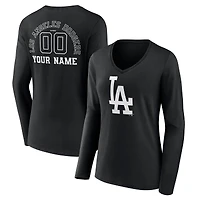 Women's Black Los Angeles Dodgers Monochrome Personalized Name & Number Long Sleeve V-Neck T-Shirt