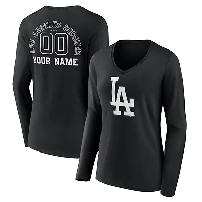 Women's Black Los Angeles Dodgers Monochrome Personalized Name & Number Long Sleeve V-Neck T-Shirt