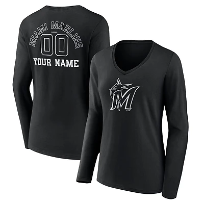 Women's Black Miami Marlins Monochrome Personalized Name & Number Long Sleeve V-Neck T-Shirt