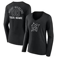Women's Black Miami Marlins Monochrome Personalized Name & Number Long Sleeve V-Neck T-Shirt