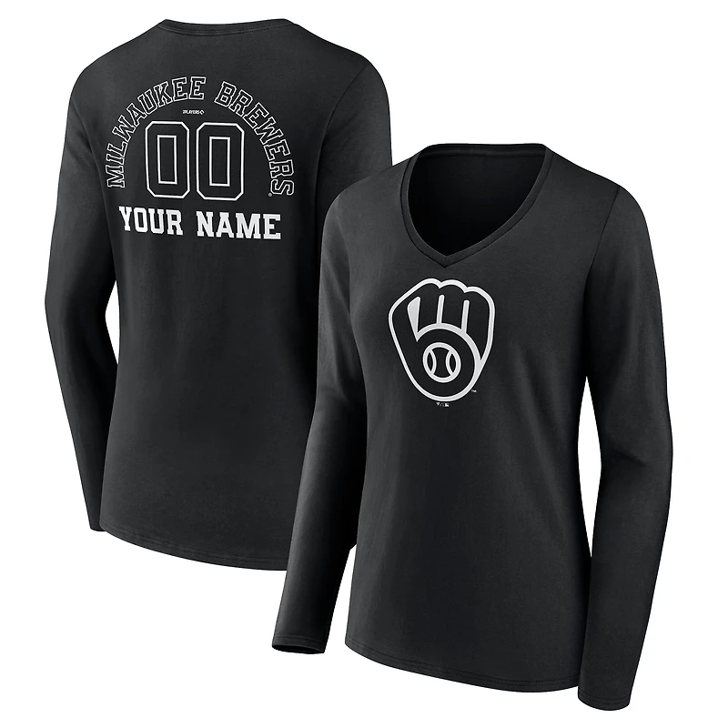 Women's Black Milwaukee Brewers Monochrome Personalized Name & Number Long Sleeve V-Neck T-Shirt
