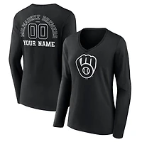 Women's Black Milwaukee Brewers Monochrome Personalized Name & Number Long Sleeve V-Neck T-Shirt