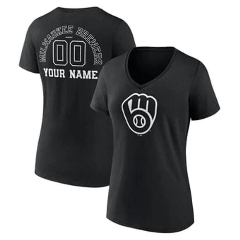 Women's Black Milwaukee Brewers Monochrome Personalized Name & Number V-Neck T-Shirt