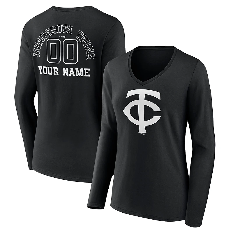 Women's Black Minnesota Twins Monochrome Personalized Name & Number Long Sleeve V-Neck T-Shirt