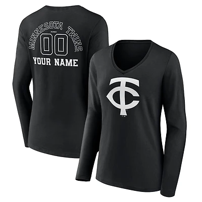 Women's Black Minnesota Twins Monochrome Personalized Name & Number Long Sleeve V-Neck T-Shirt