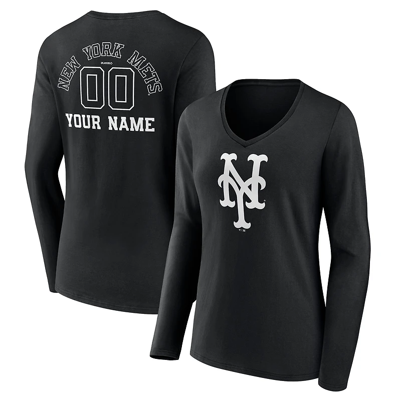 Women's Black New York Mets Monochrome Personalized Name & Number Long Sleeve V-Neck T-Shirt