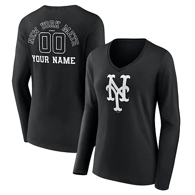 Women's Black New York Mets Monochrome Personalized Name & Number Long Sleeve V-Neck T-Shirt