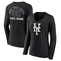 Women's Black New York Mets Monochrome Personalized Name & Number Long Sleeve V-Neck T-Shirt