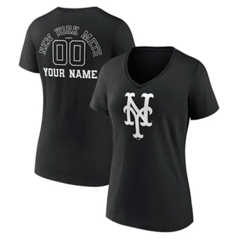 Women's Black New York Mets Monochrome Personalized Name & Number V-Neck T-Shirt