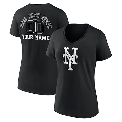 Women's Black New York Mets Monochrome Personalized Name & Number V-Neck T-Shirt