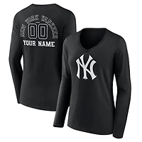 Women's Black New York Yankees Monochrome Personalized Name & Number Long Sleeve V-Neck T-Shirt