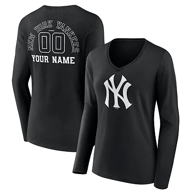 Women's Black New York Yankees Monochrome Personalized Name & Number Long Sleeve V-Neck T-Shirt