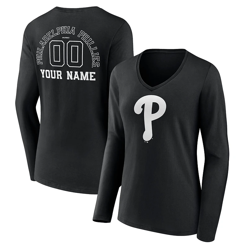 Women's Black Philadelphia Phillies Monochrome Personalized Name & Number Long Sleeve V-Neck T-Shirt