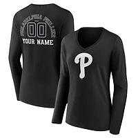 Women's Black Philadelphia Phillies Monochrome Personalized Name & Number Long Sleeve V-Neck T-Shirt