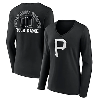 Women's Black Pittsburgh Pirates Monochrome Personalized Name & Number Long Sleeve V-Neck T-Shirt