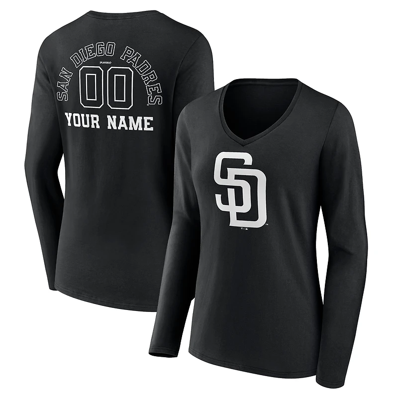 Women's Black San Diego Padres Monochrome Personalized Name & Number Long Sleeve V-Neck T-Shirt