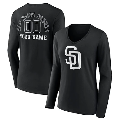Women's Black San Diego Padres Monochrome Personalized Name & Number Long Sleeve V-Neck T-Shirt
