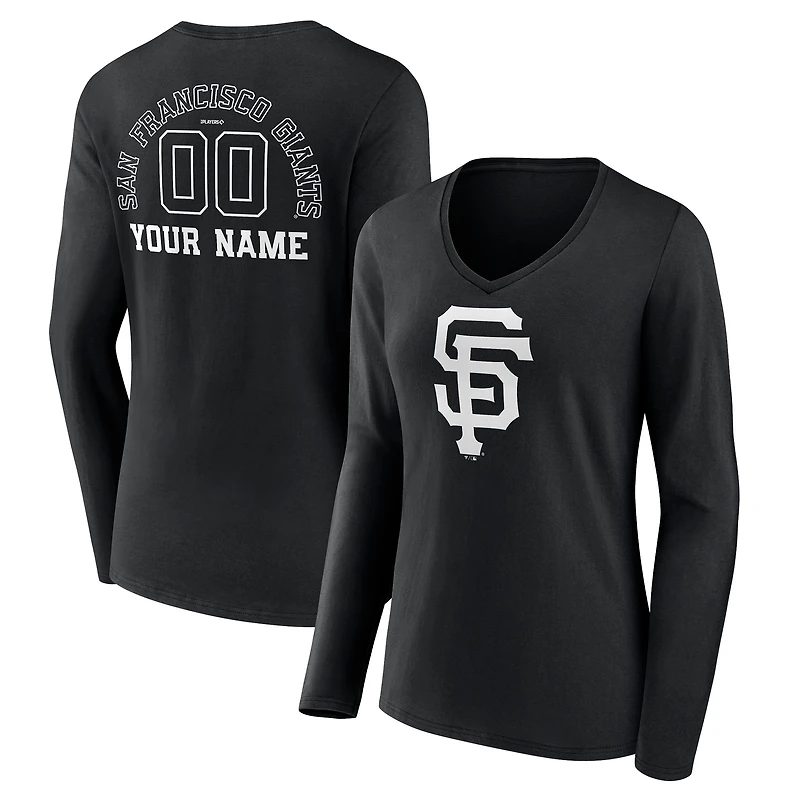Women's Black San Francisco Giants Monochrome Personalized Name & Number Long Sleeve V-Neck T-Shirt