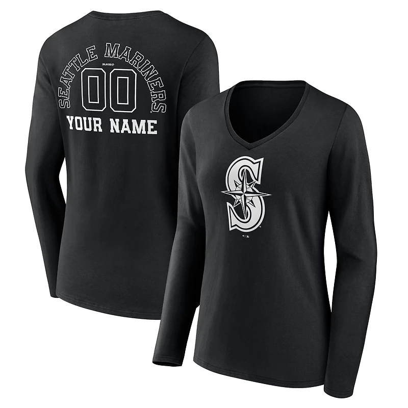 Women's Black Seattle Mariners Monochrome Personalized Name & Number Long Sleeve V-Neck T-Shirt