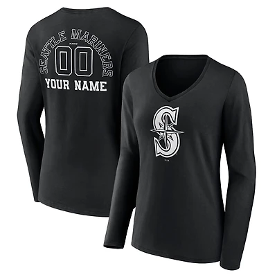 Women's Black Seattle Mariners Monochrome Personalized Name & Number Long Sleeve V-Neck T-Shirt