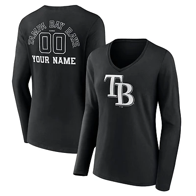 Women's Black Tampa Bay Rays Monochrome Personalized Name & Number Long Sleeve V-Neck T-Shirt