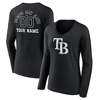 Women's Black Tampa Bay Rays Monochrome Personalized Name & Number Long Sleeve V-Neck T-Shirt
